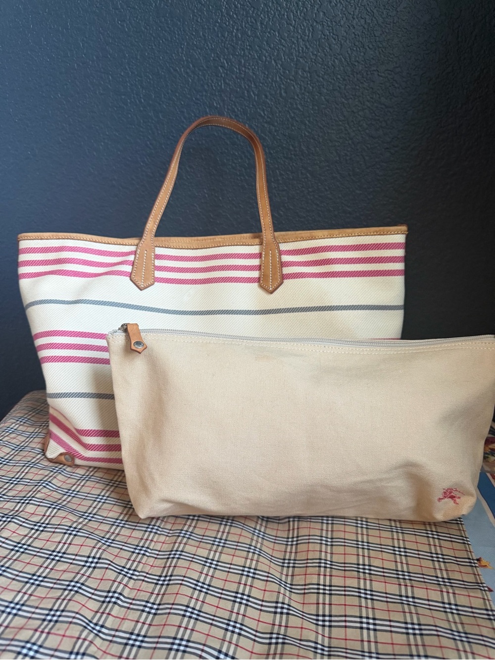 Burberry Canvas Stripe Tote with Removable Pouch - Pink & Cream